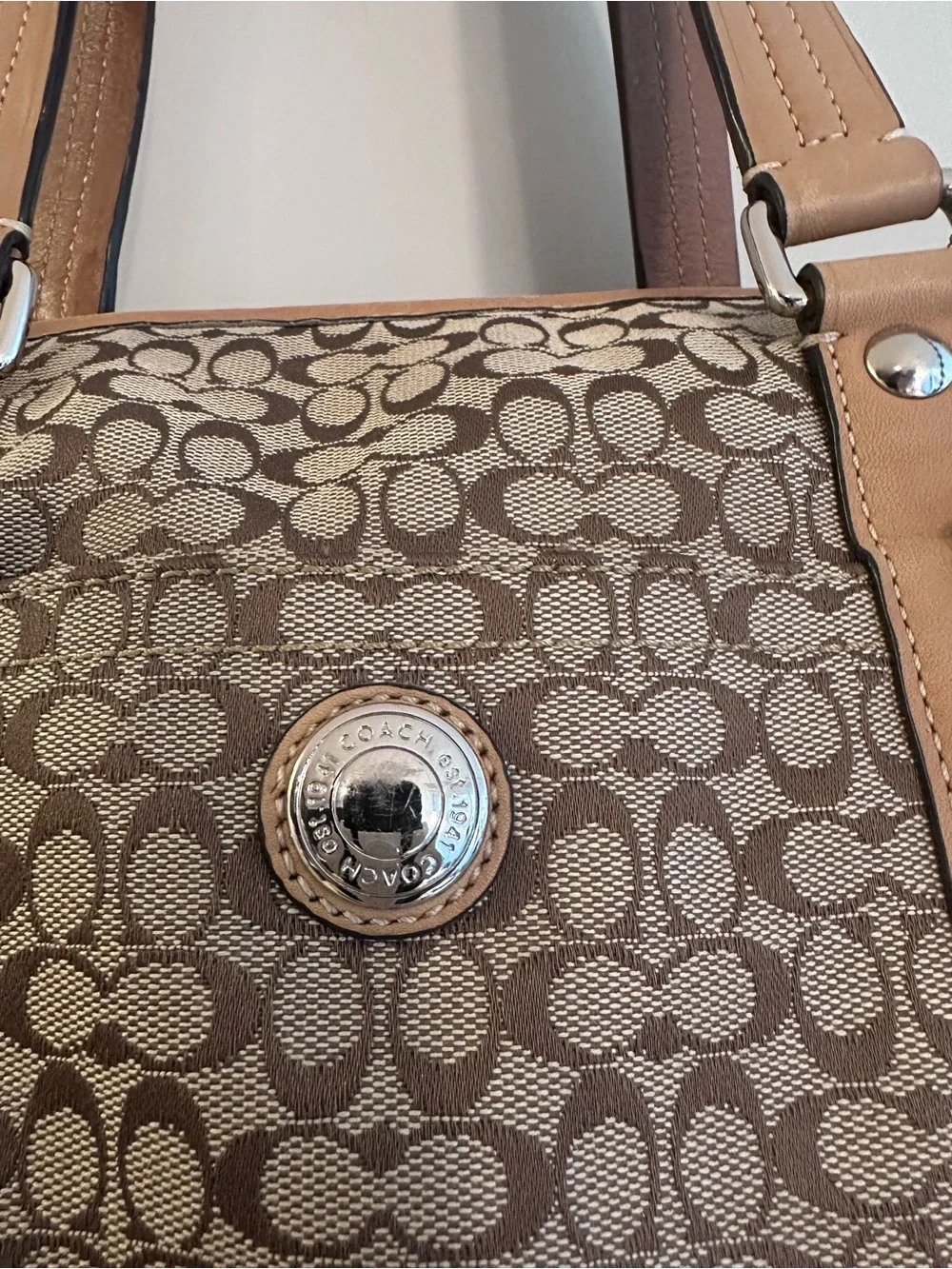 Coach Brown Signature Canvas Tote with Tan Leather Trim